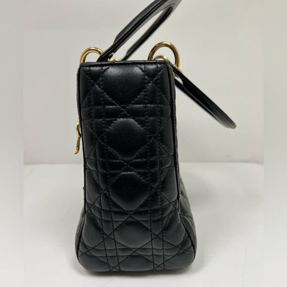 CHRISTIAN DIOR Lady Cannage Hand Tote Bag Leather Black Gold - Picture 4 of 13